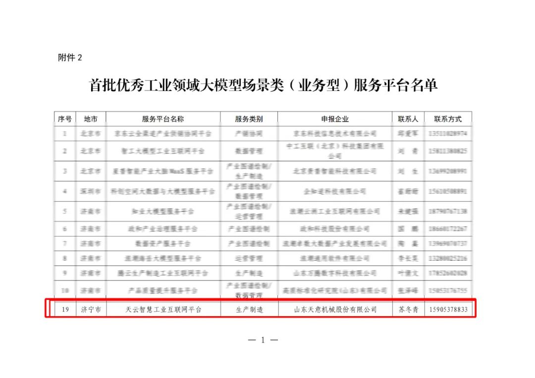 2025年的第一封喜报丨天意机械荣获山东省首批优秀工业领域大模型服务平台